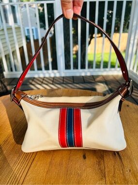 Coach Sufflette Cream Canvas Shoulder Bag with Red & Navy Stripe